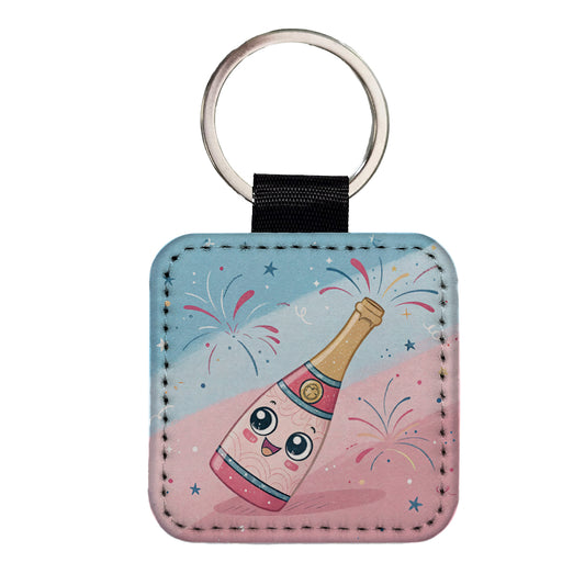 Kawaii Champagne Celebrate Square Faux Leather Keychain