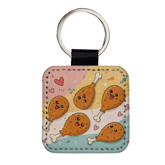 Kawaii Chicken Drumsticks Square Faux Leather Keychain