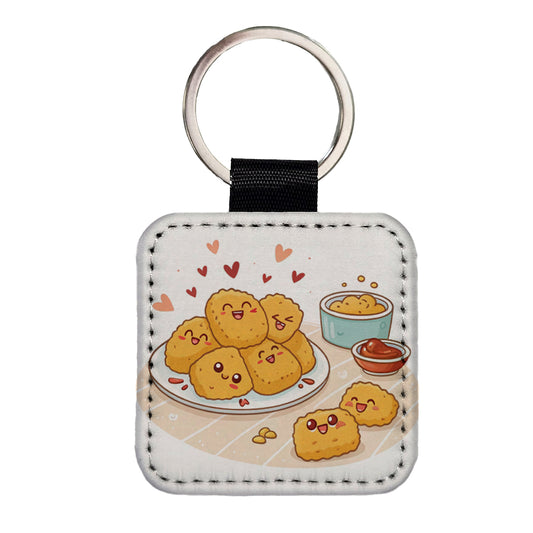 Kawaii Chicken Nuggets Square Faux Leather Keychain
