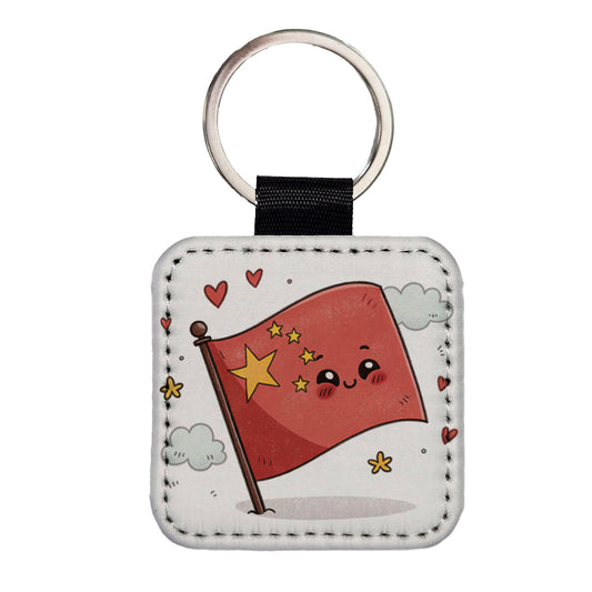 Kawaii China Flag Square Faux Leather Keychain