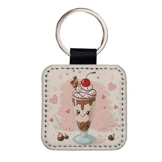 Kawaii Chocolate Milk Shake Square Faux Leather Keychain