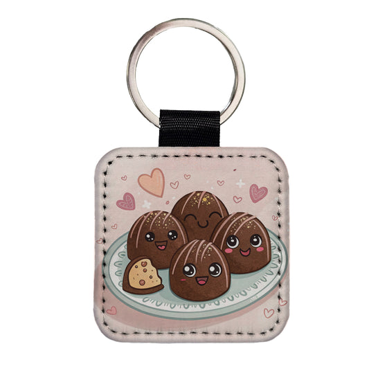 Kawaii Chocolate Truffles Square Faux Leather Keychain