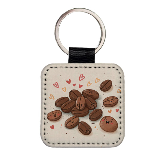 Kawaii Coffee Beans Square Faux Leather Keychain