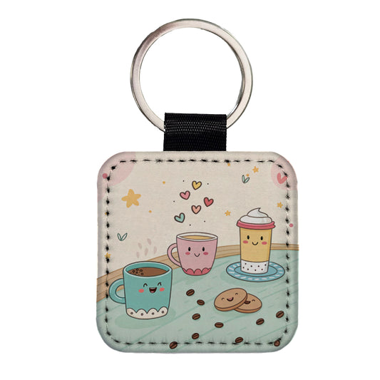 Kawaii Coffee Cups Latte Cappuccino Square Faux Leather Keychain