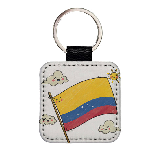 Kawaii Colombia Flag Square Faux Leather Keychain