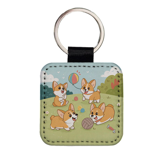 Kawaii Corgis Dogs Playing Square Faux Leather Keychain