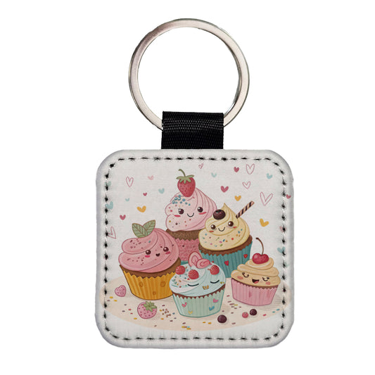 Kawaii Cupcakes Cute Square Faux Leather Keychain