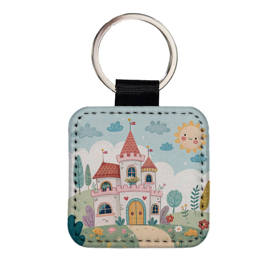 Kawaii Cute Castle Square Faux Leather Keychain