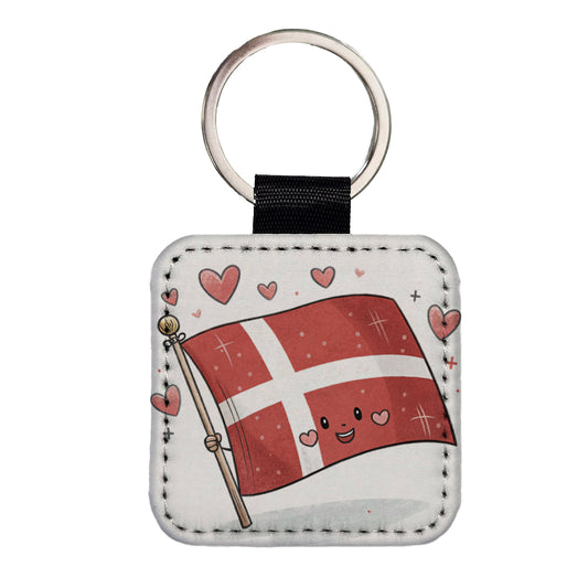 Kawaii Denmark Flag Square Faux Leather Keychain