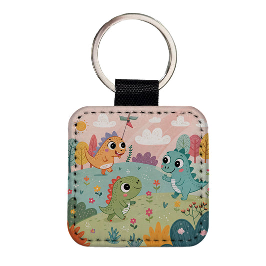 Kawaii Dinosaurs Square Faux Leather Keychain