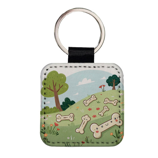 Kawaii Dog Bones Square Faux Leather Keychain