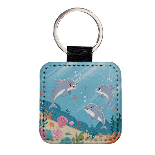 Kawaii Dolphins Square Faux Leather Keychain