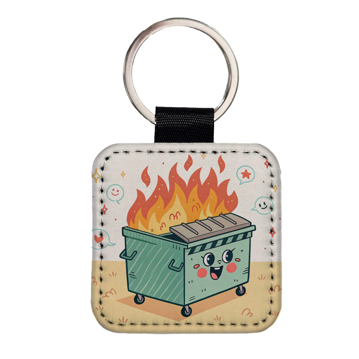Kawaii Dumpster Fire Square Faux Leather Keychain