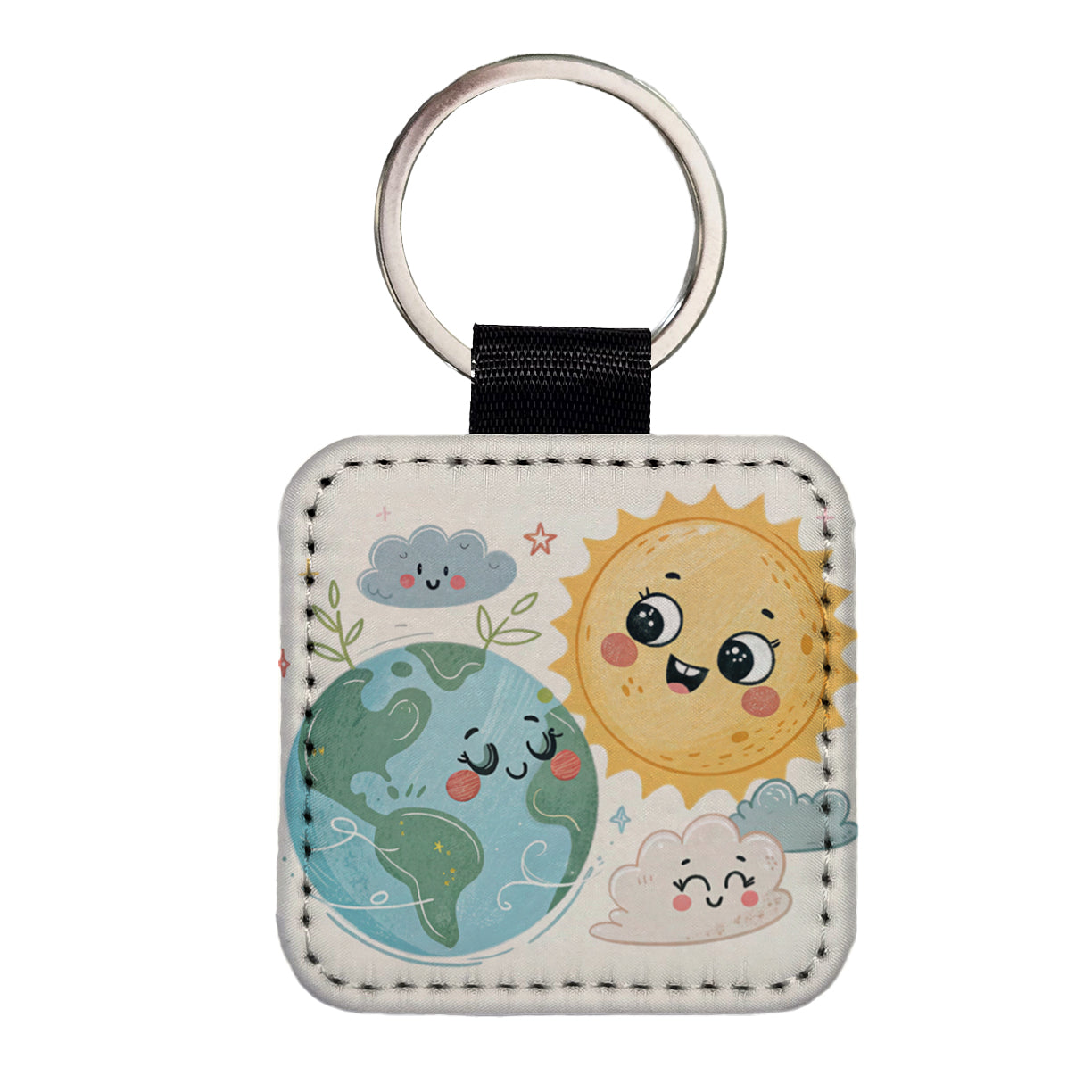 Kawaii Earth And Sun Square Faux Leather Keychain