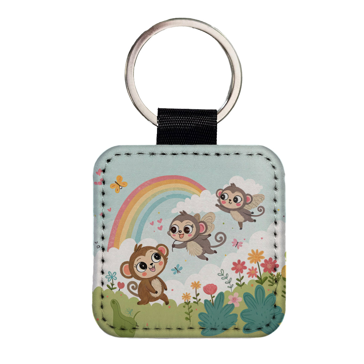 Kawaii Flying Monkeys Square Faux Leather Keychain