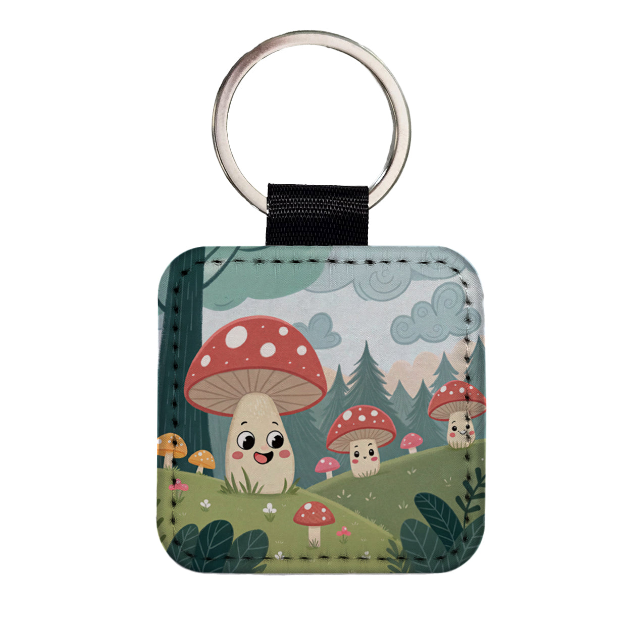 Kawaii Forest Mushrooms Square Faux Leather Keychain