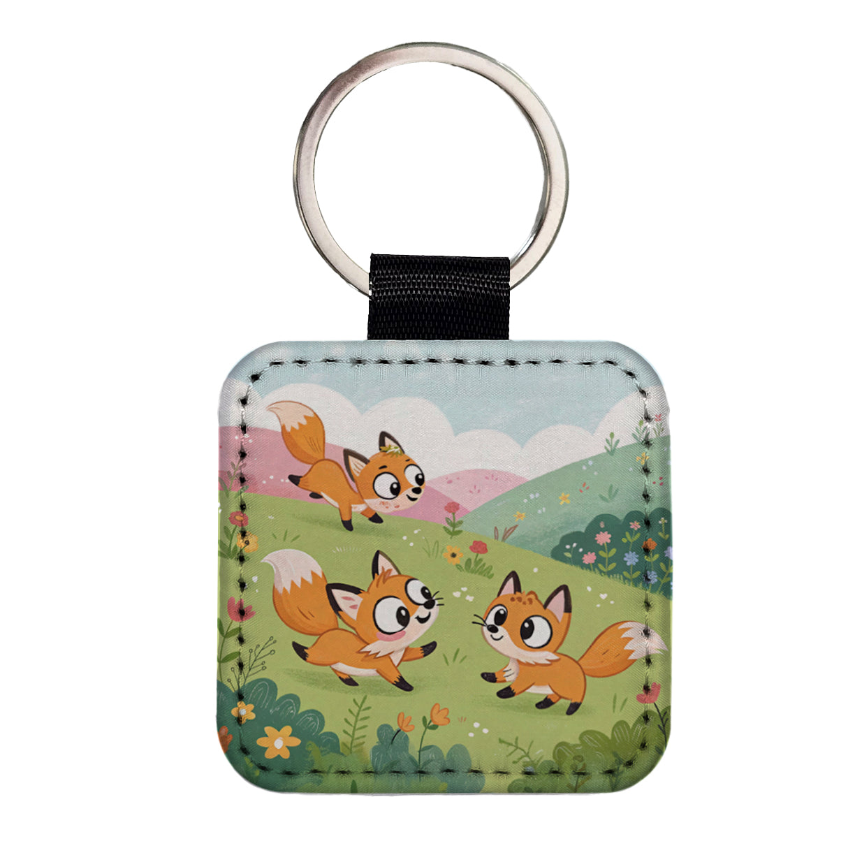 Kawaii Foxes Square Faux Leather Keychain