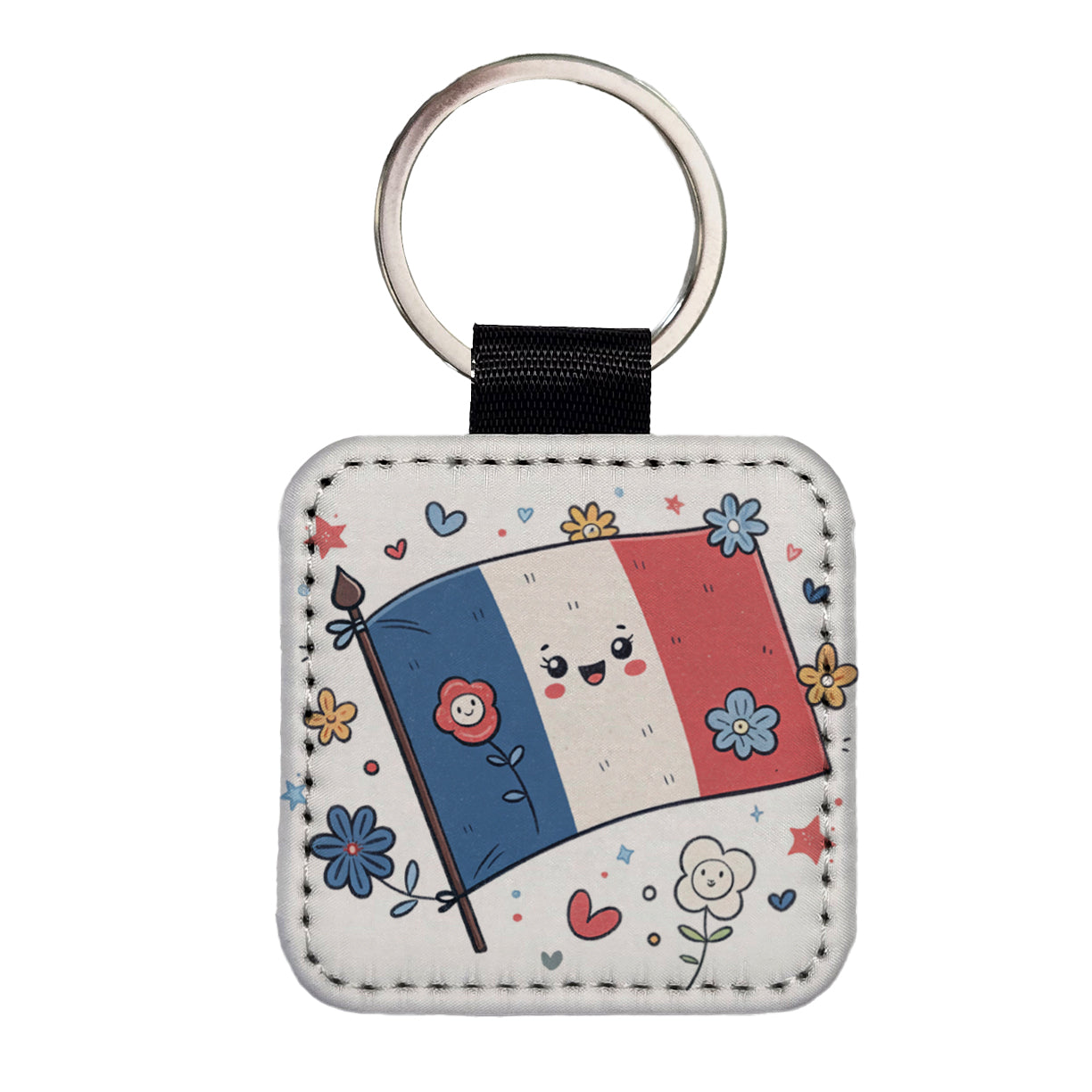 Kawaii France Flag Square Faux Leather Keychain