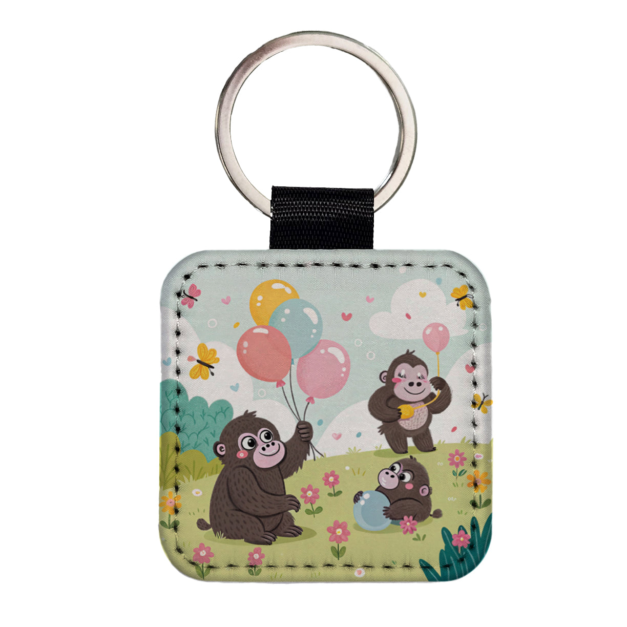 Kawaii Gorillas Square Faux Leather Keychain