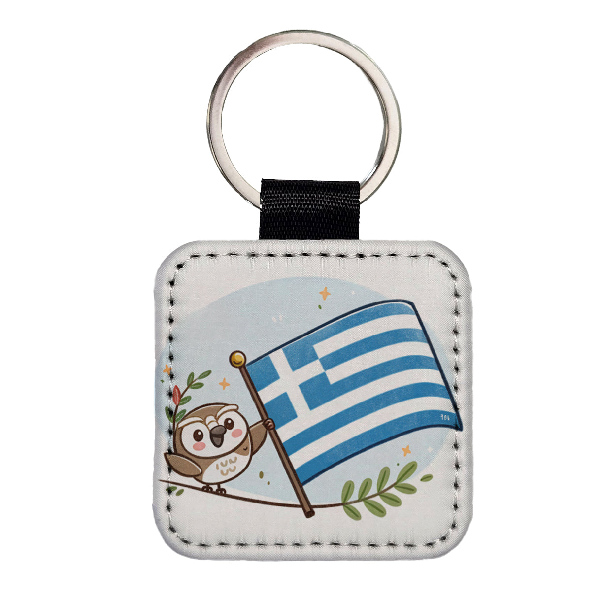 Kawaii Greece Flag Square Faux Leather Keychain