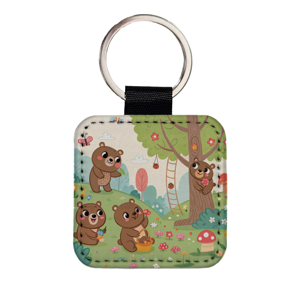 Kawaii Grizzly Bears Square Faux Leather Keychain