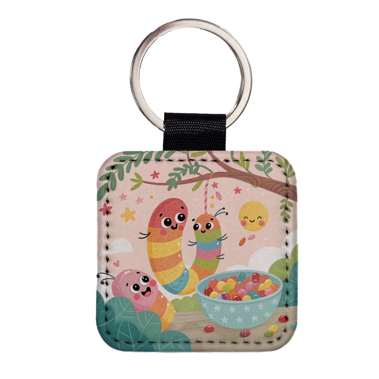 Kawaii Gummi Worms Jelly Beans Square Faux Leather Keychain