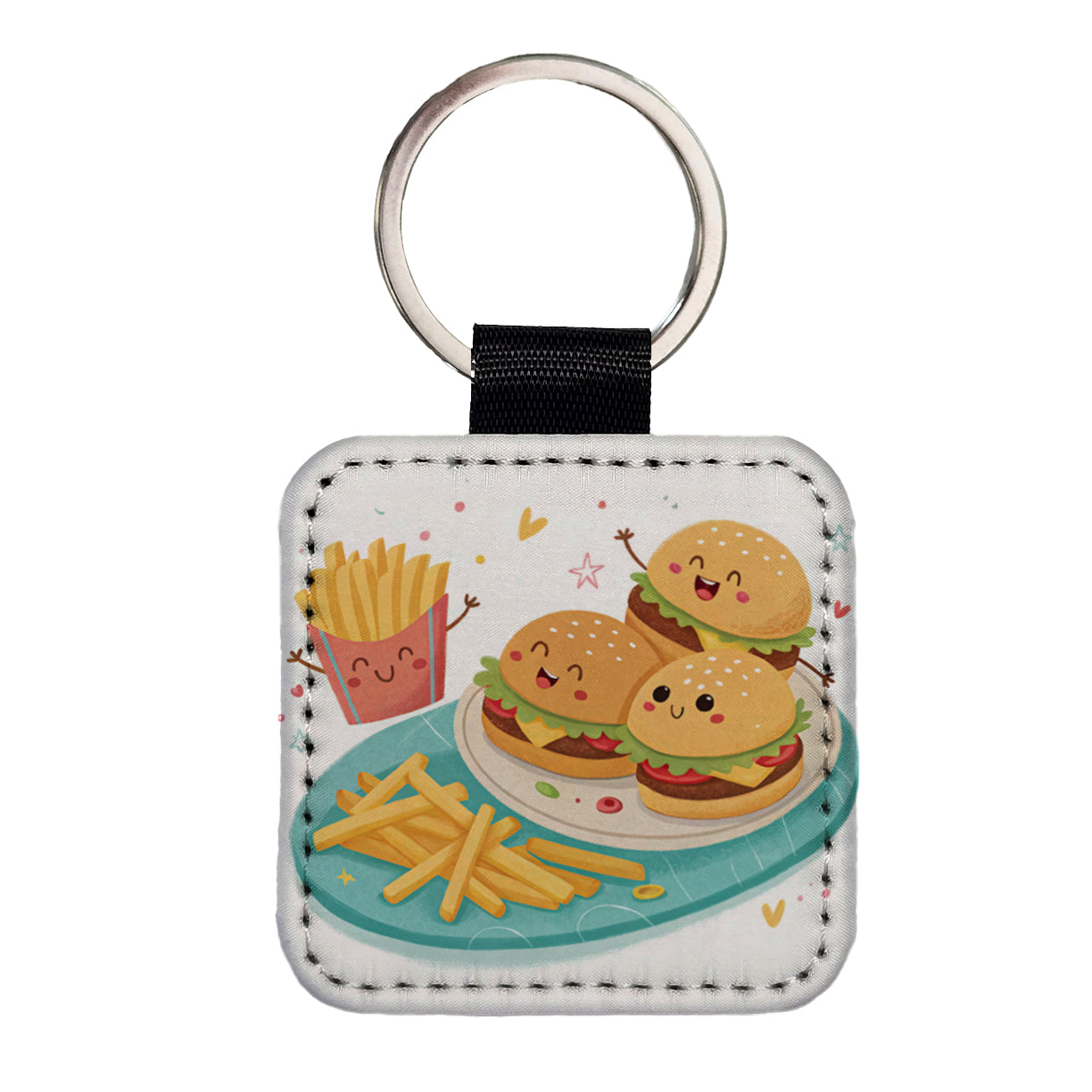 Kawaii Hamburgers And Fries Square Faux Leather Keychain