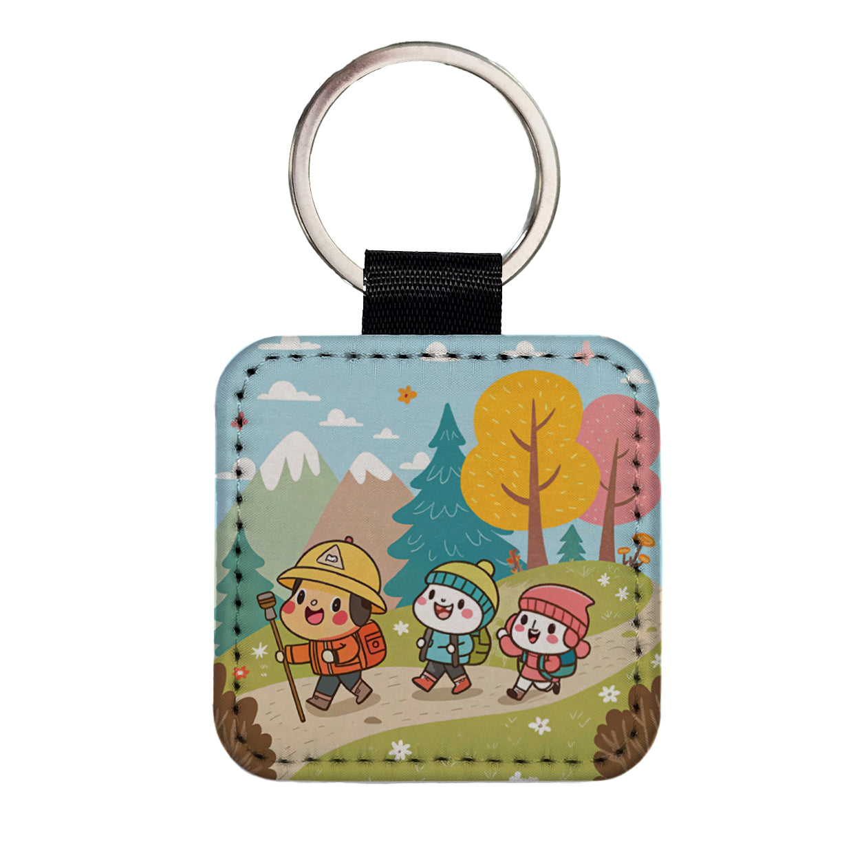 Kawaii Hiking Hikers Square Faux Leather Keychain