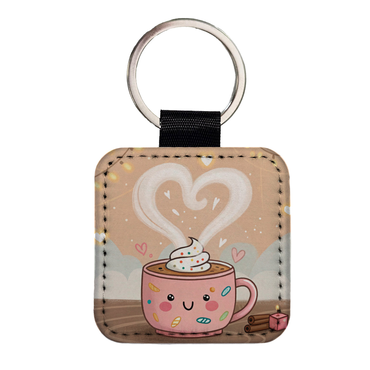 Kawaii Hot Cocoa Chocolate Square Faux Leather Keychain