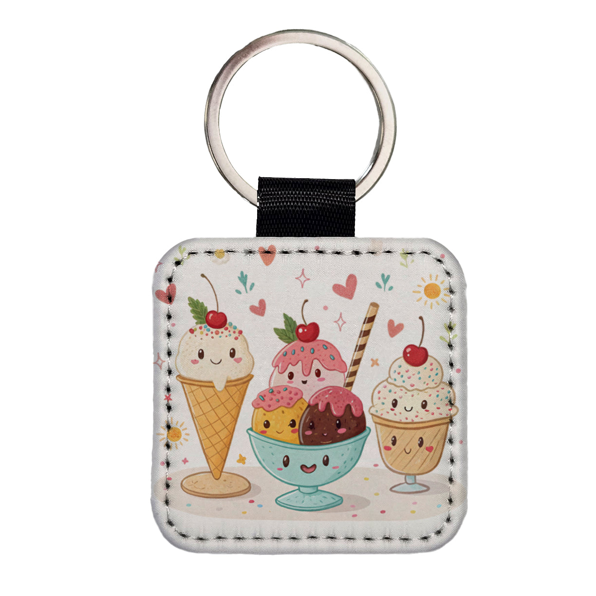 Kawaii Ice Cream Sundaes Square Faux Leather Keychain
