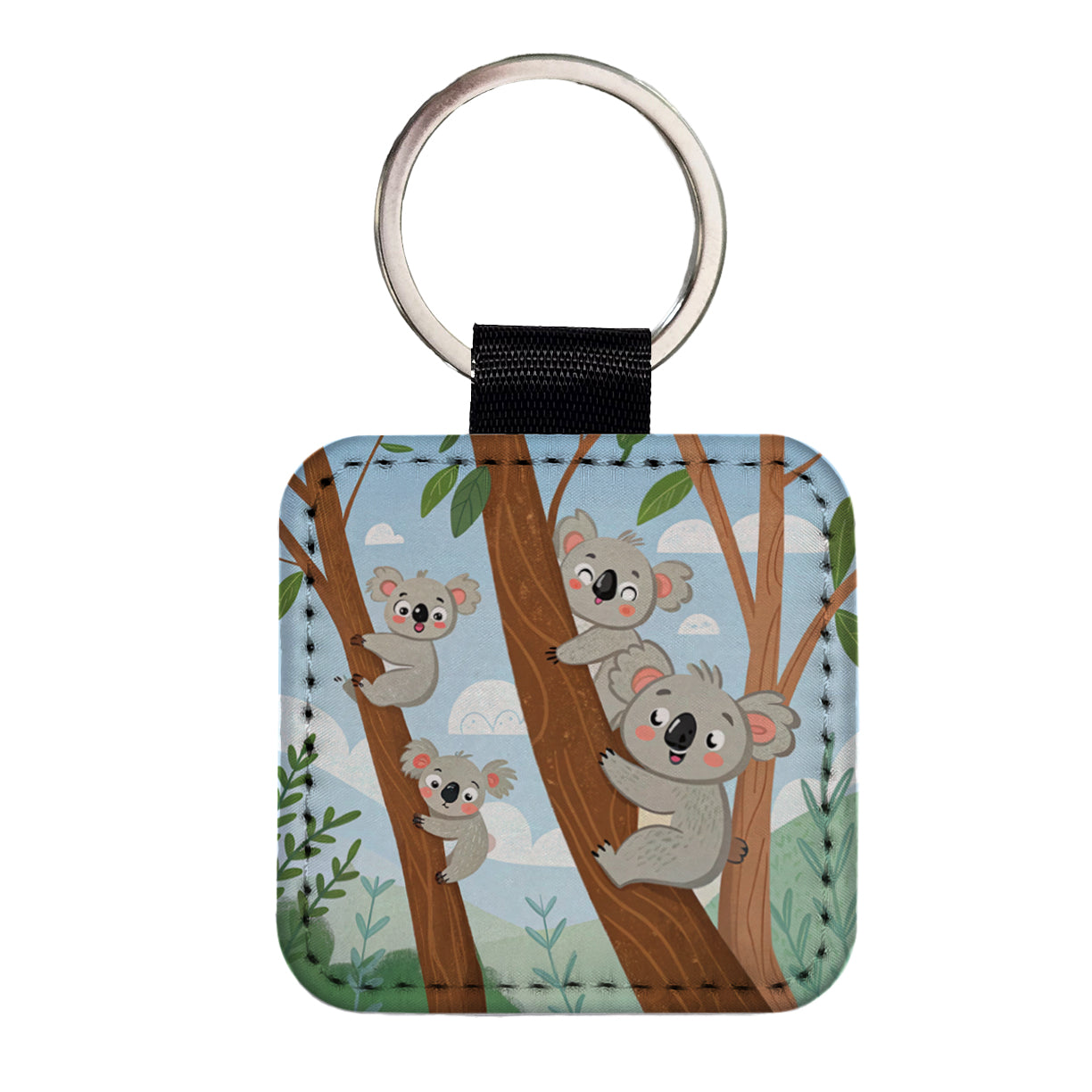 Kawaii Koala Bears Climbing Trees Square Faux Leather Keychain