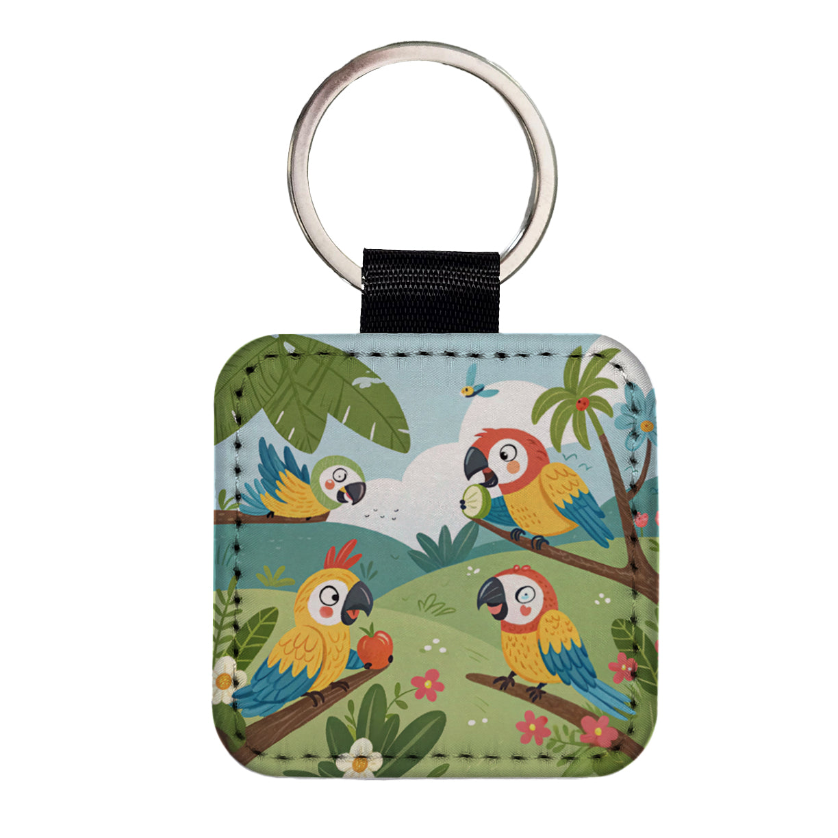 Kawaii Macaw Parrots Square Faux Leather Keychain