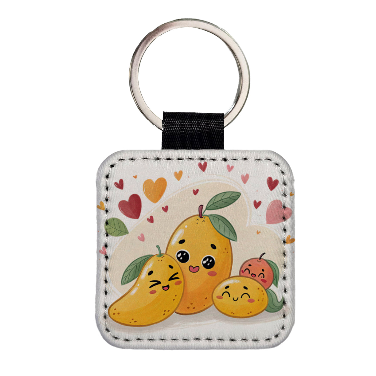 Kawaii Mangos And Hearts Square Faux Leather Keychain
