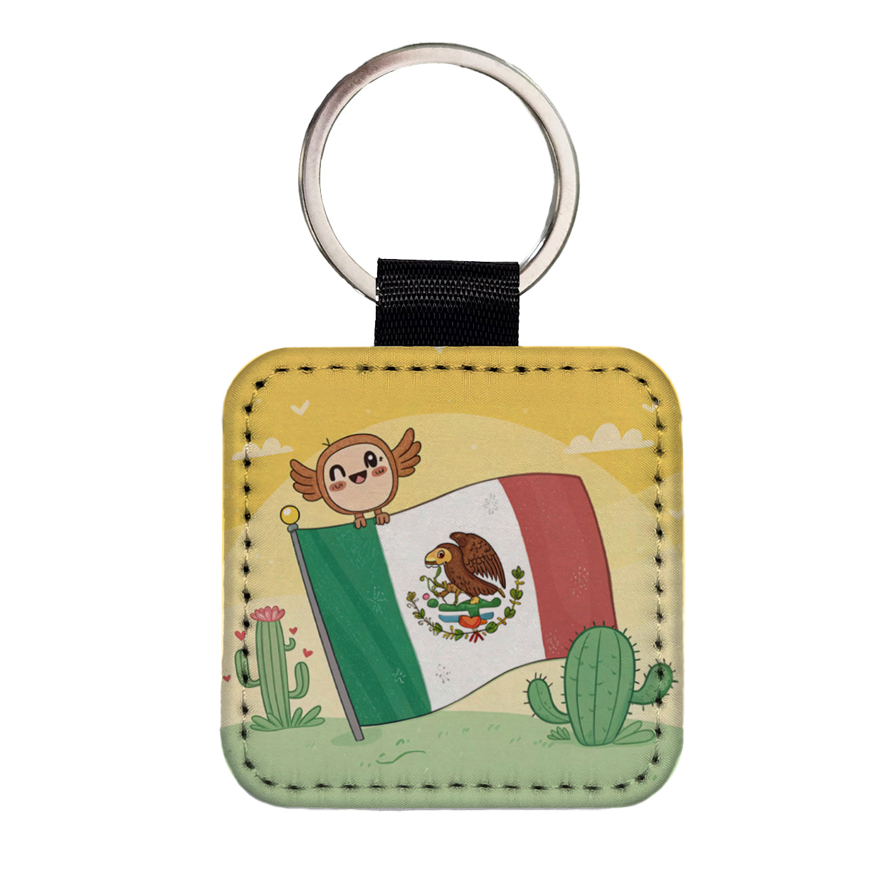 Kawaii Mexico Mexican Flag Square Faux Leather Keychain