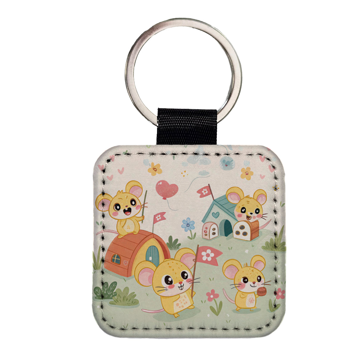 Kawaii Mice Mouse Square Faux Leather Keychain