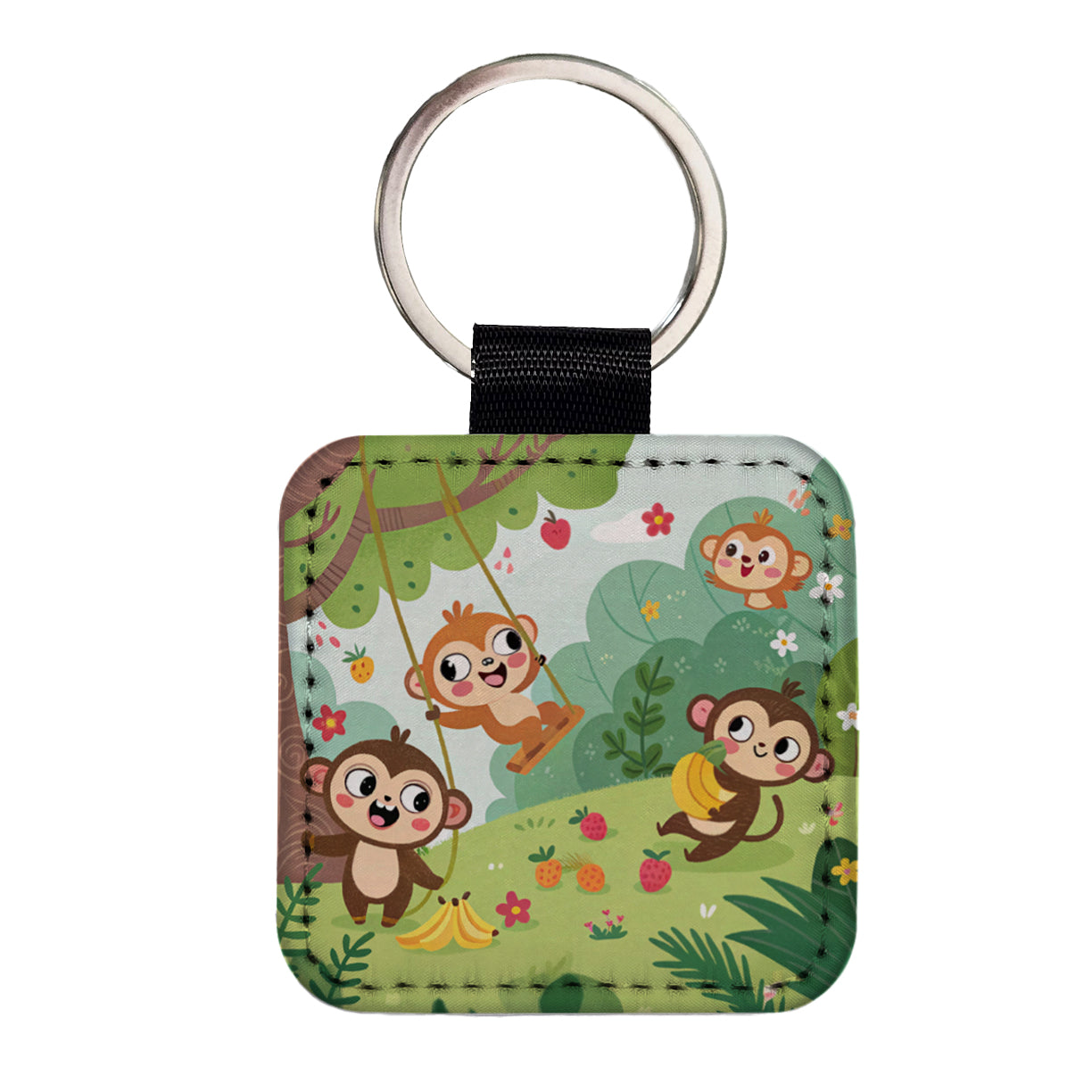 Kawaii Monkeys Square Faux Leather Keychain