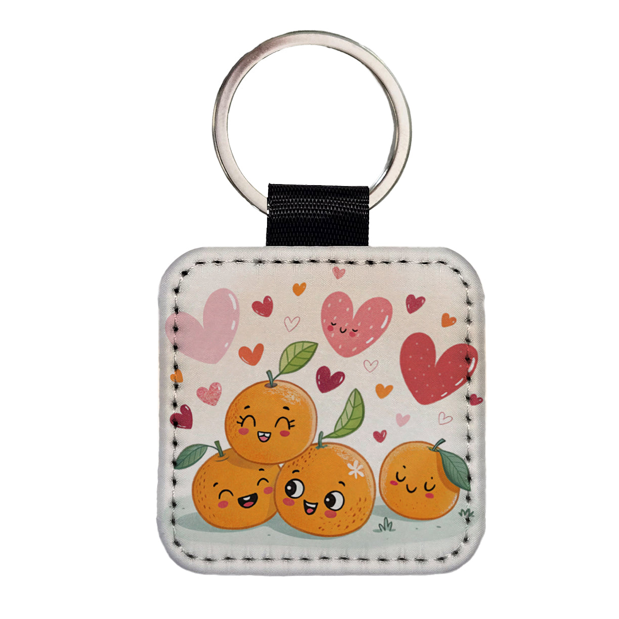 Kawaii Oranges And Hearts Square Faux Leather Keychain