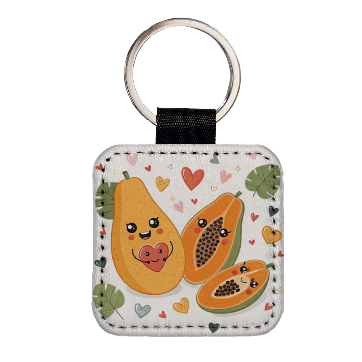Kawaii Papayas And Hearts Square Faux Leather Keychain