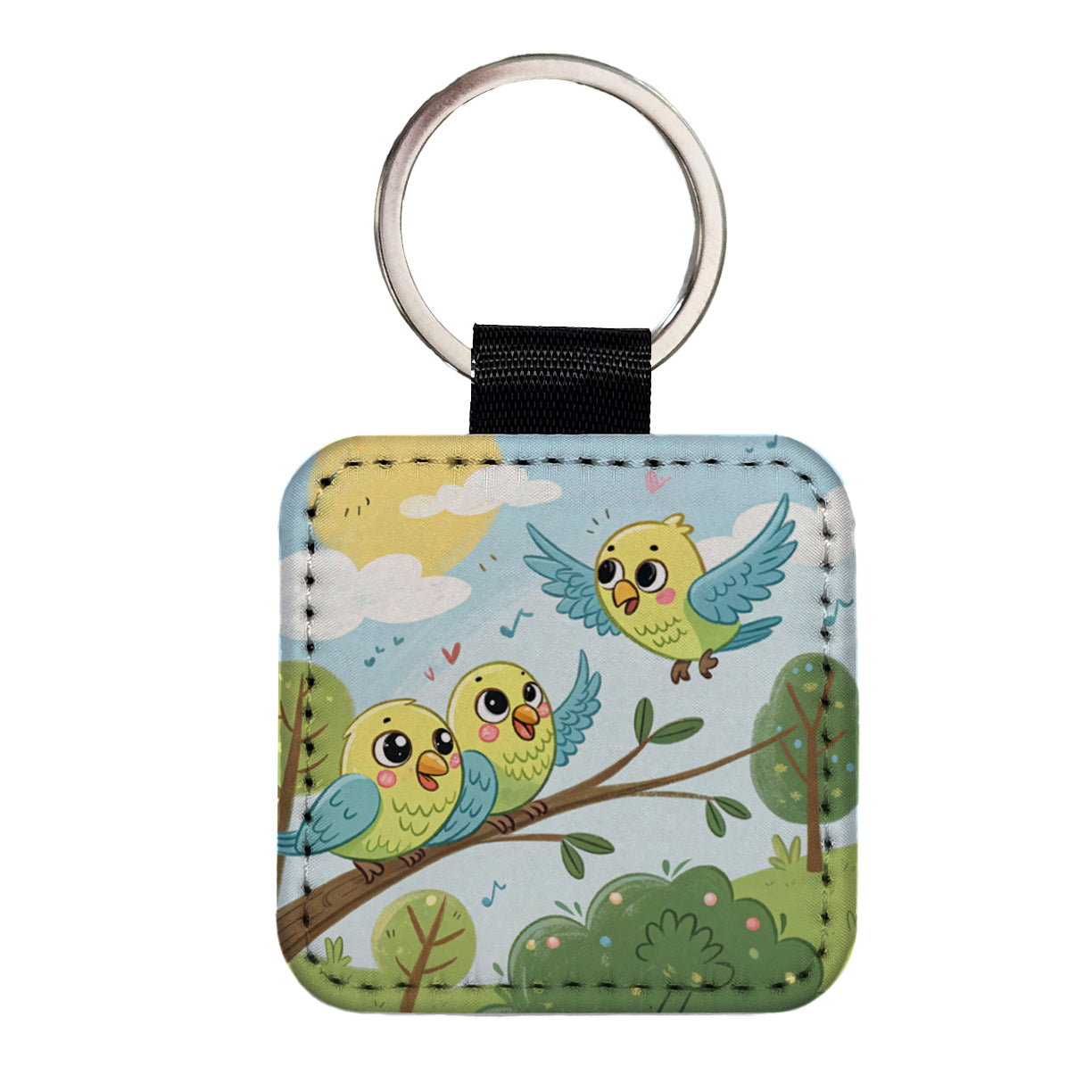 Kawaii Parakeets Square Faux Leather Keychain