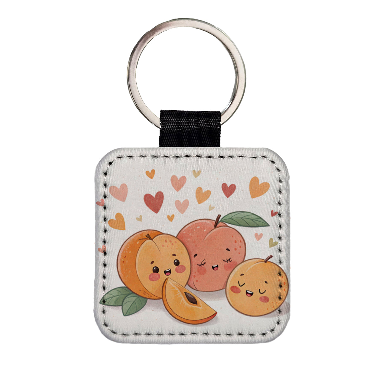 Kawaii Peaches And Hearts Square Faux Leather Keychain