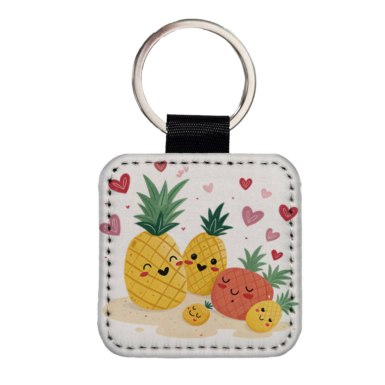 Kawaii Pineapples And Hearts Square Faux Leather Keychain