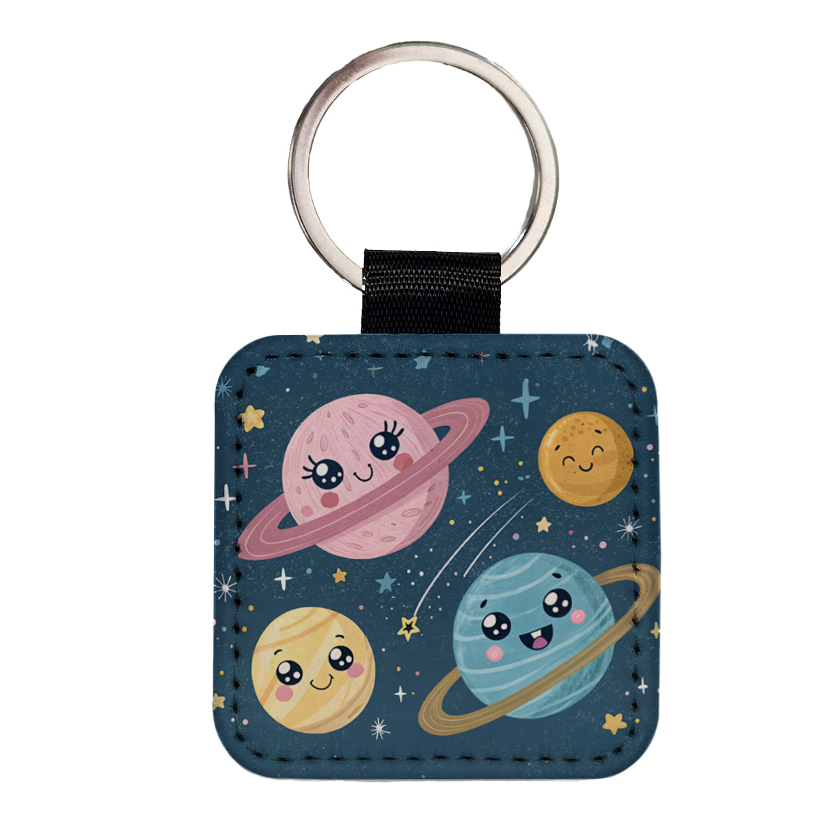 Kawaii Planets Space Astronomy Square Faux Leather Keychain