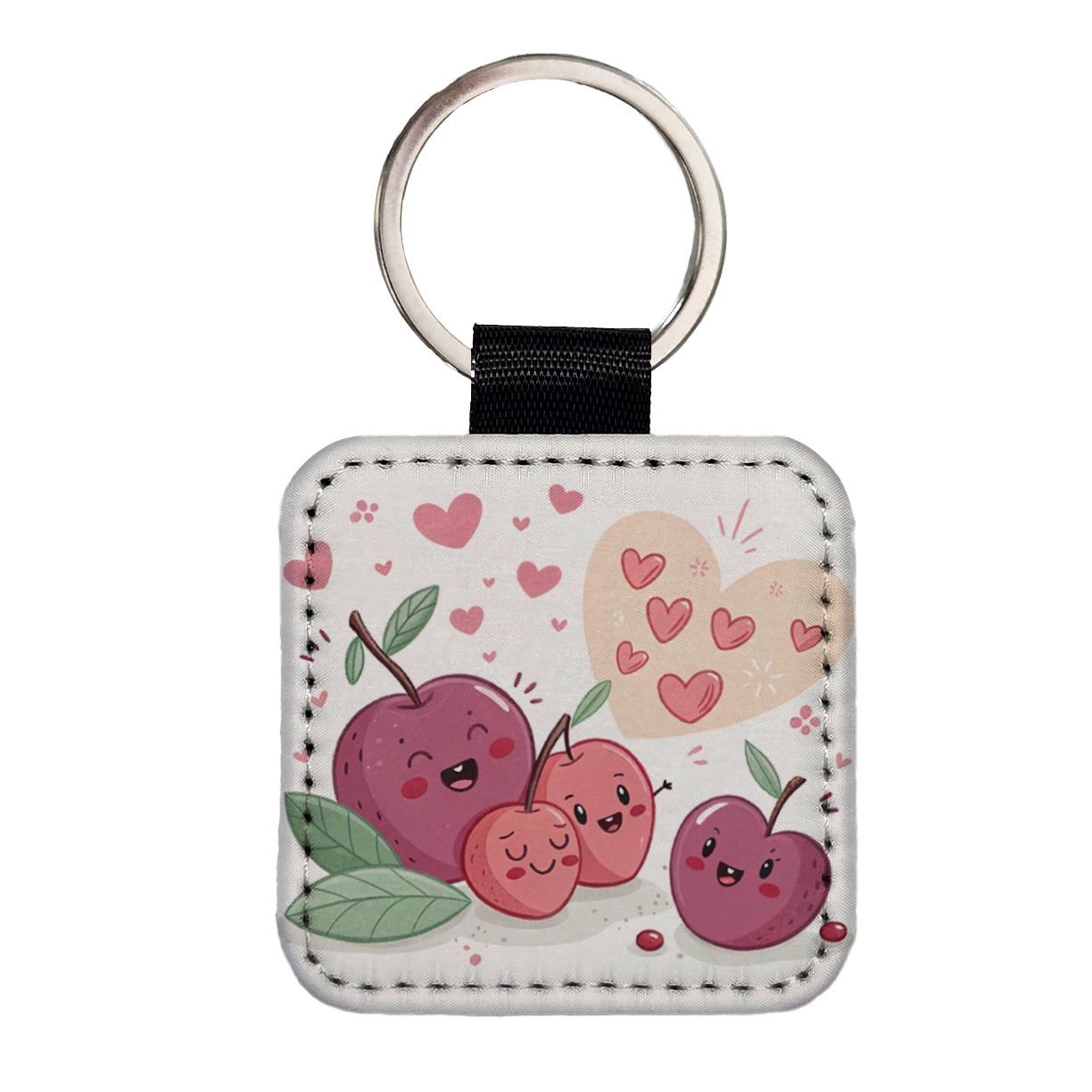Kawaii Plums And Hearts Square Faux Leather Keychain