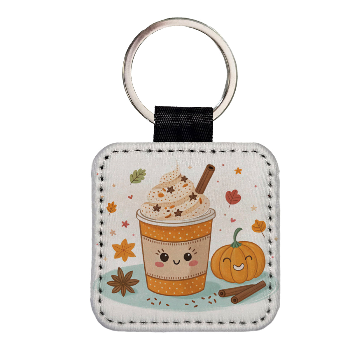 Kawaii Pumpkin Spice Latte Coffee Square Faux Leather Keychain