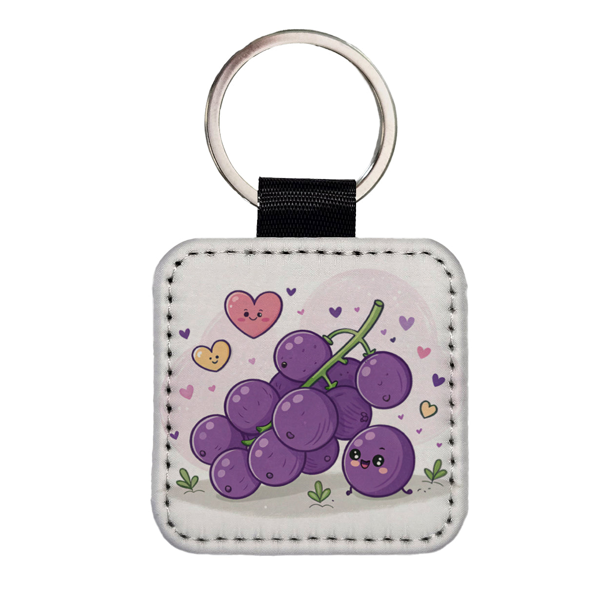 Kawaii Purple Grapes And Hearts Square Faux Leather Keychain