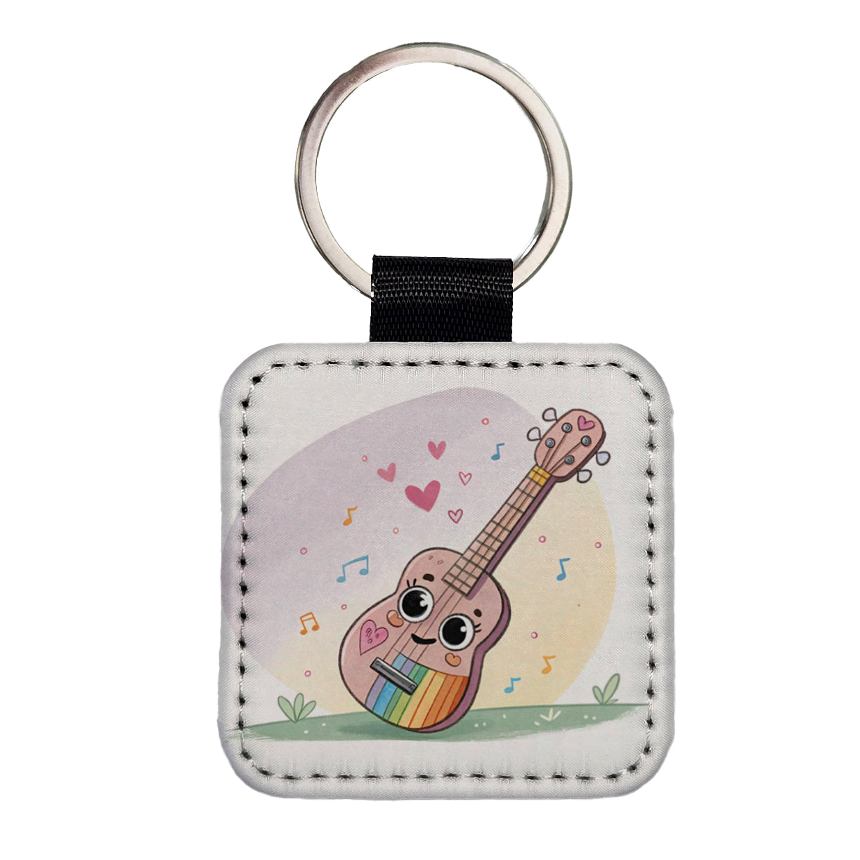 Kawaii Colorful Ukulele Music Square Faux Leather Keychain