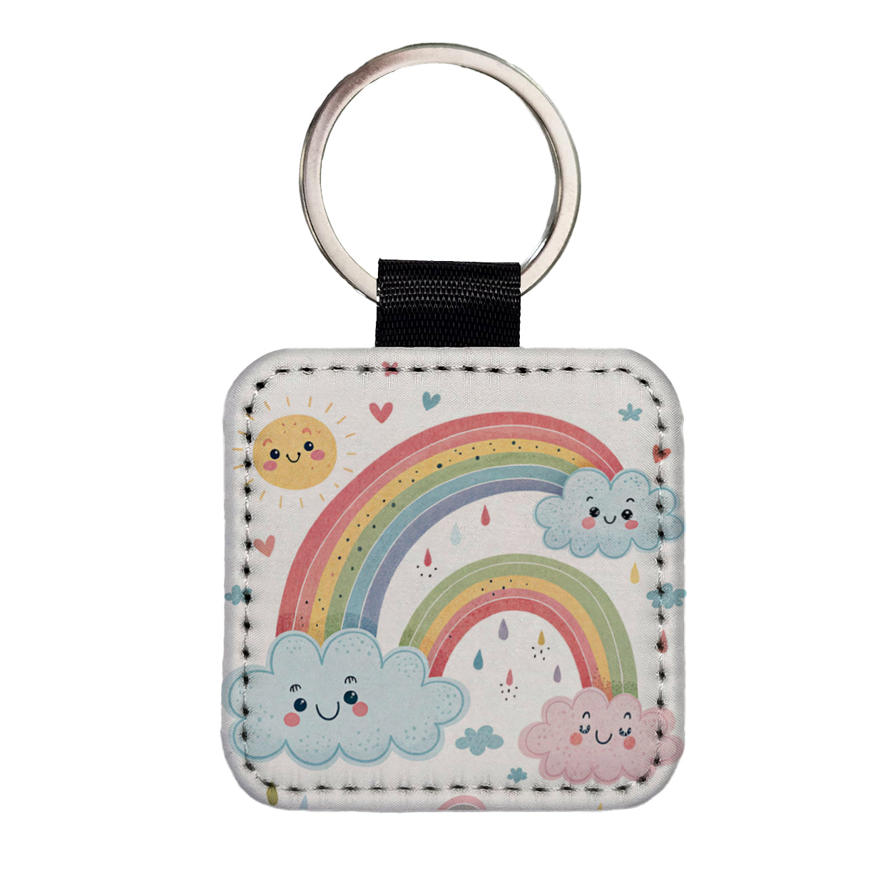 Kawaii Rainbows And Clouds Square Faux Leather Keychain