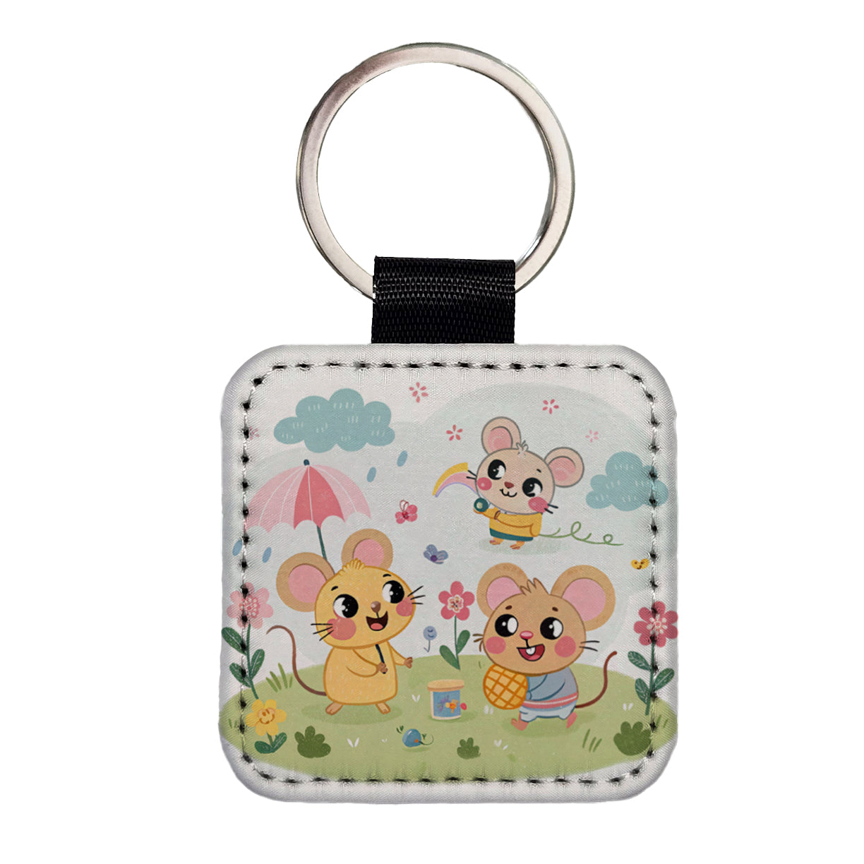 Kawaii Rats Square Faux Leather Keychain