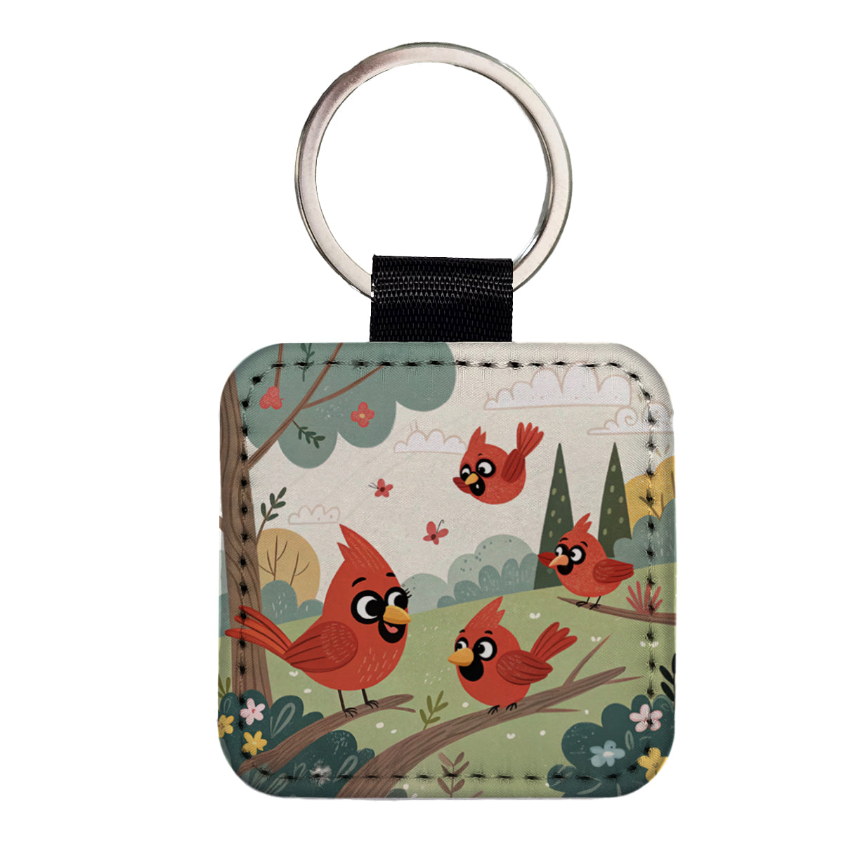 Kawaii Red Cardinals Birds Square Faux Leather Keychain