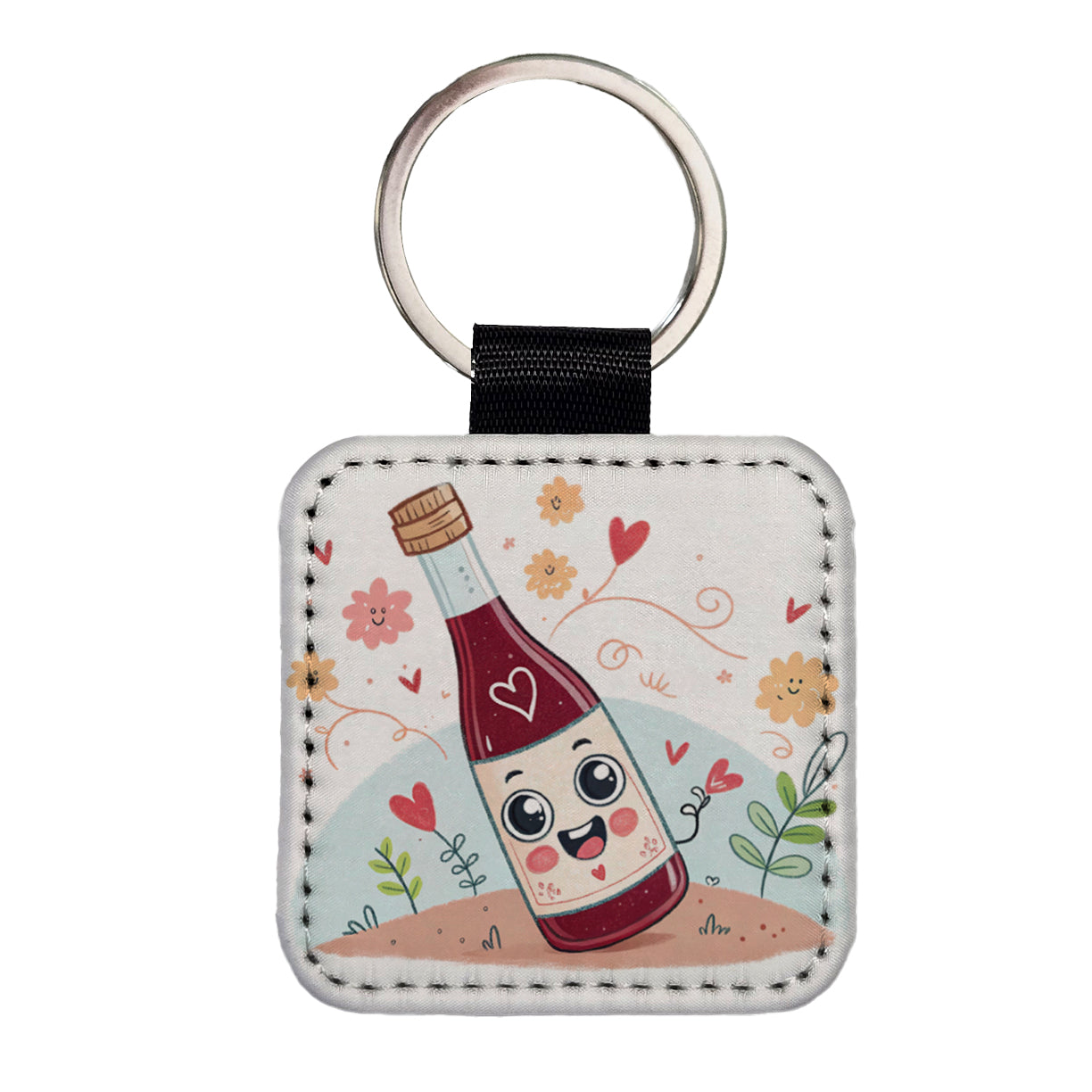 Kawaii Red Wine Alcohol Square Faux Leather Keychain